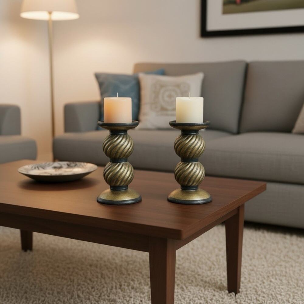 Vintage Candle Holders Antique Gold Chunky Pillar Candle Holders Set of 2